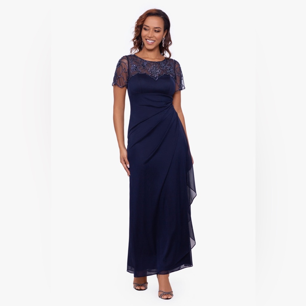 XSCAPE EVENINGS Blue Beaded Short Sleeve Ruched Dahlia Gown Sz. 8 NWT